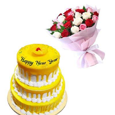 "Pineapple 3 step cake - (6kgs), 25 Mixed Roses flower bunch - Click here to View more details about this Product
